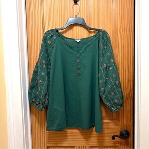 Kings Road Women’s Floral Embroidered Green Blouse 3/4 Sleeves Size XL